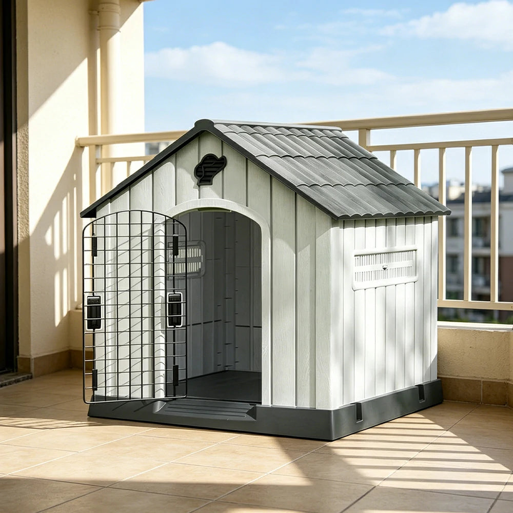 PAWORA Outdoor Pet House with Waterproof PP Material Drainage Roof and Double Metal Doors For Patio Balcony - Grey
