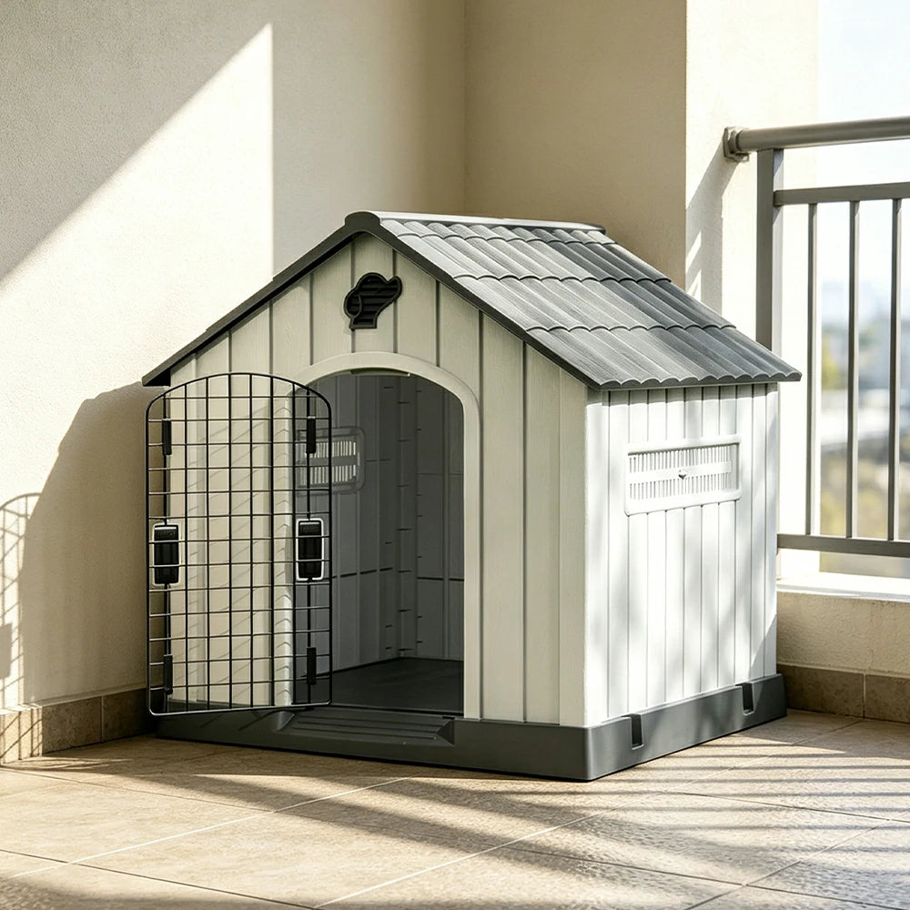 PAWORA Outdoor Pet House with Waterproof PP Material Drainage Roof and Double Metal Doors For Patio Balcony - Grey