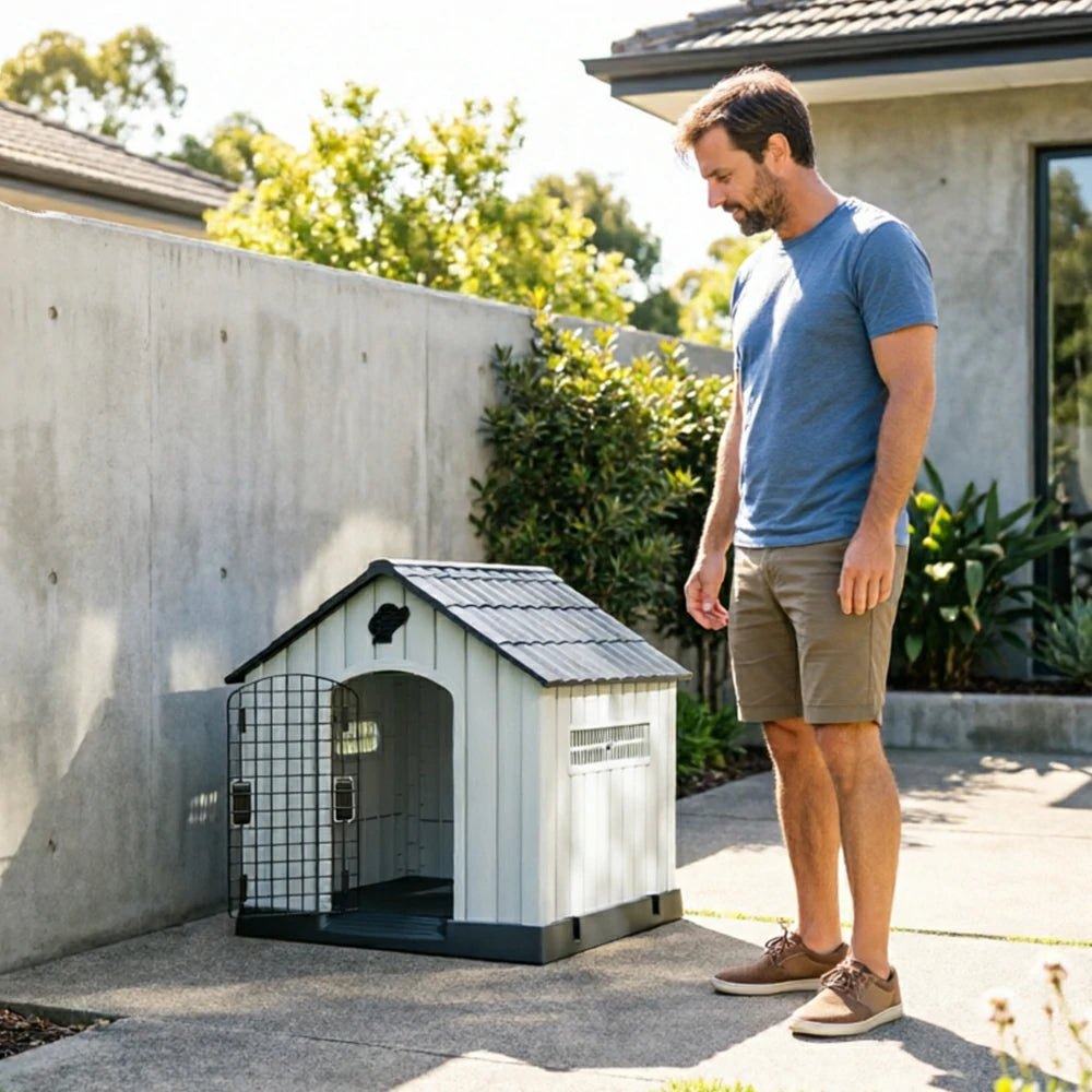 PAWORA Outdoor Pet House with Waterproof PP Material Drainage Roof and Double Metal Doors For Patio Balcony - Grey
