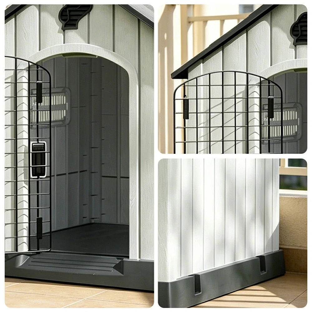PAWORA Outdoor Pet House with Waterproof PP Material Drainage Roof and Double Metal Doors For Patio Balcony - Grey