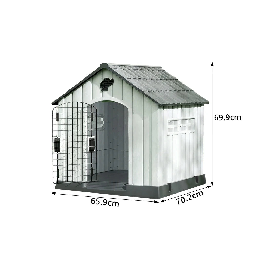 PAWORA Outdoor Pet House with Waterproof PP Material Drainage Roof and Double Metal Doors For Patio Balcony - Grey