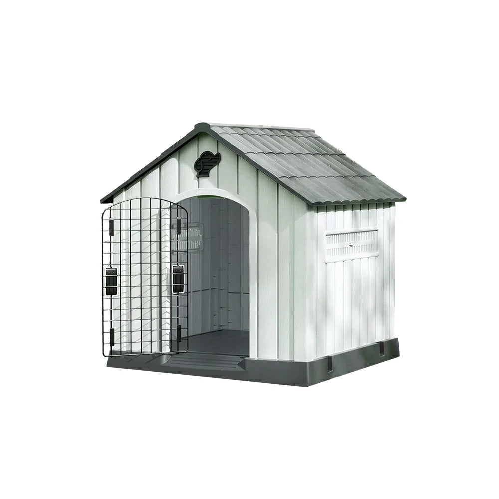 PAWORA Outdoor Pet House with Waterproof PP Material Drainage Roof and Double Metal Doors For Patio Balcony - Grey
