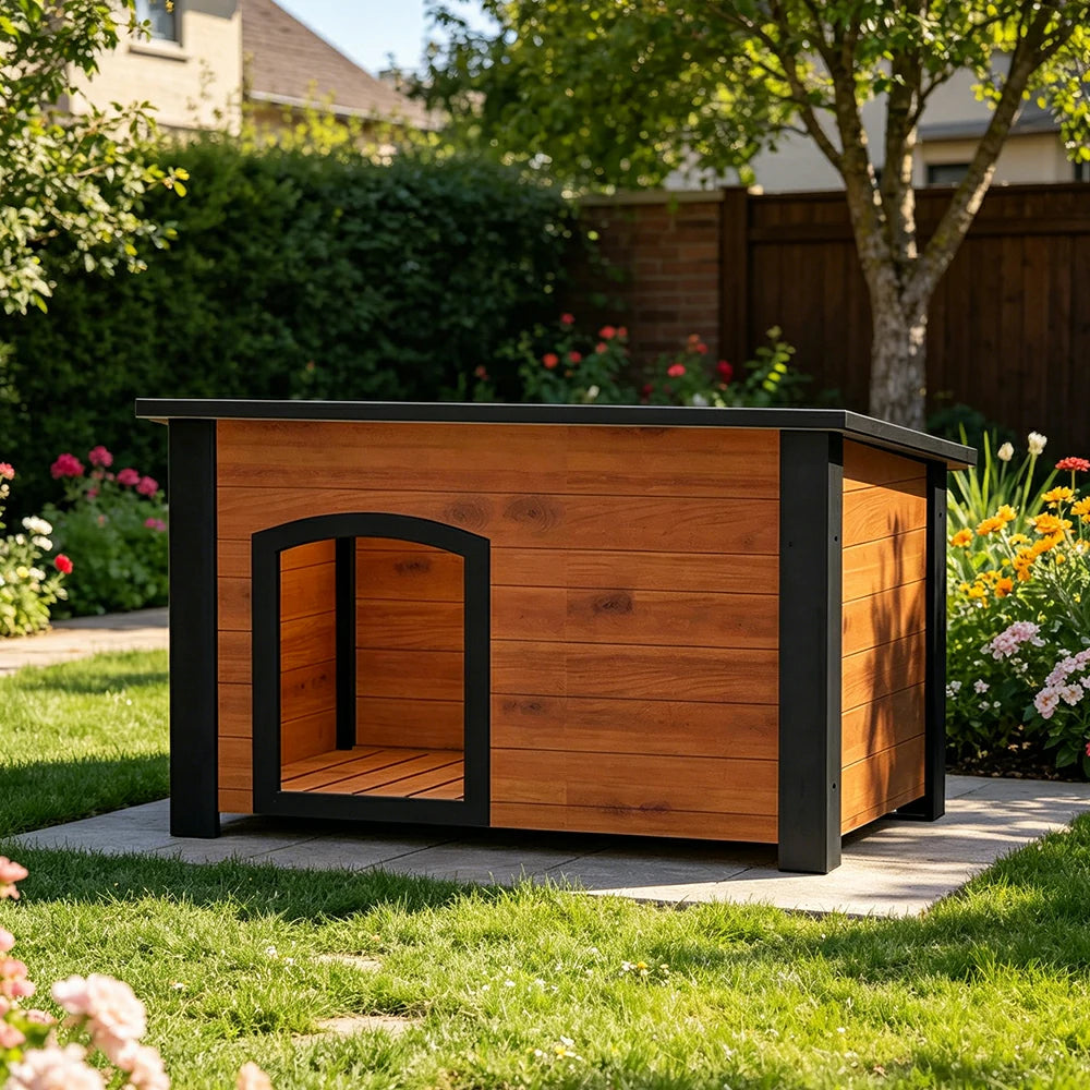 PAWORA Small Dog Solid Wood Pet House with Raised Base Large Entrance Waterproof Durable For Patio Balcony Yard - Orange