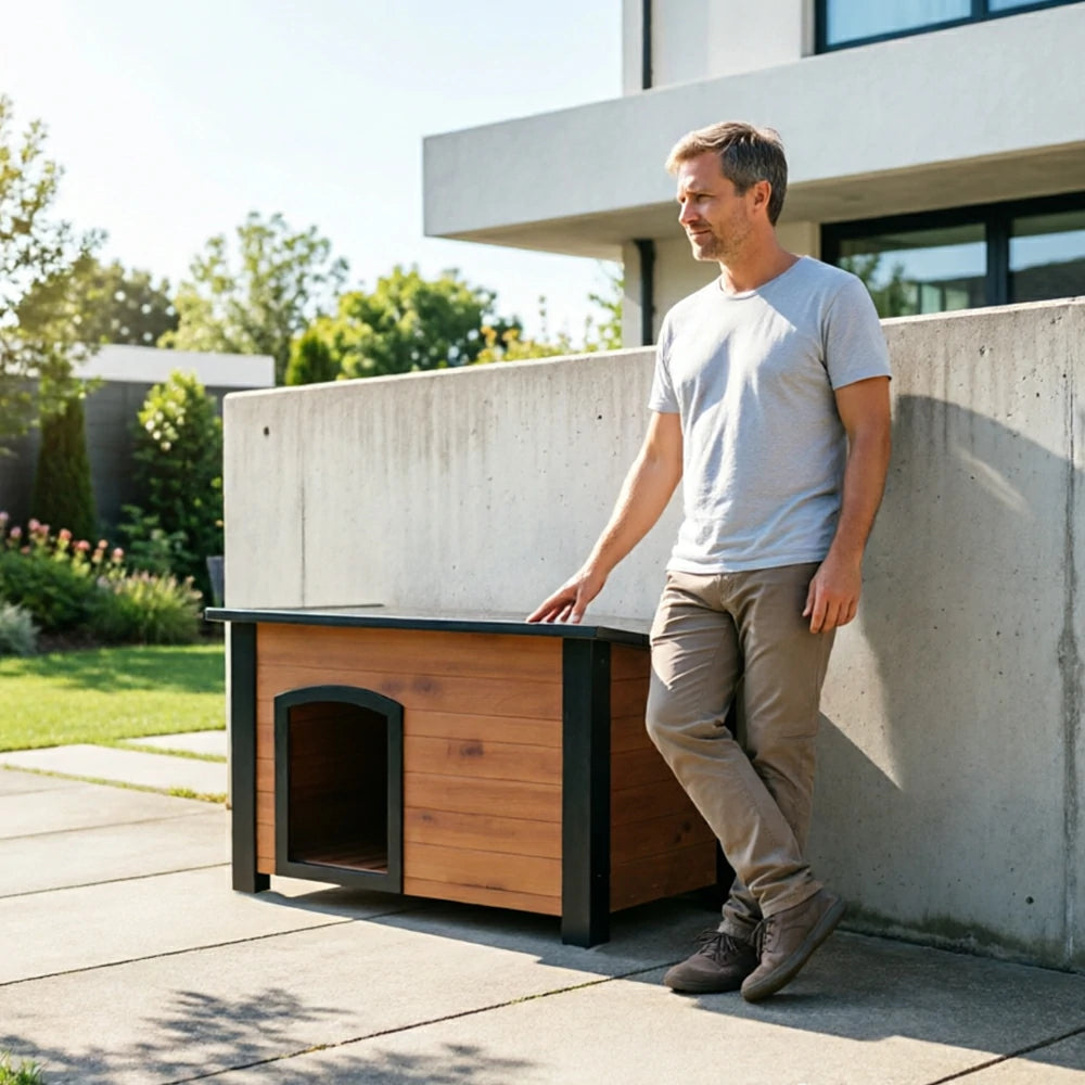 PAWORA Small Dog Solid Wood Pet House with Raised Base Large Entrance Waterproof Durable For Patio Balcony Yard - Orange