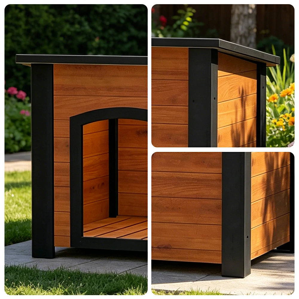 PAWORA Small Dog Solid Wood Pet House with Raised Base Large Entrance Waterproof Durable For Patio Balcony Yard - Orange