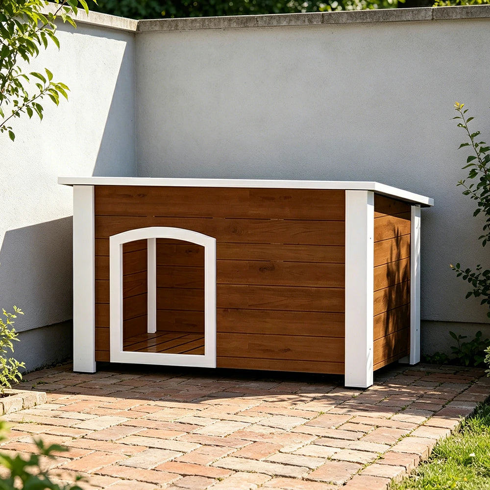 PAWORA Small Dog Solid Wood Pet House with Raised Base Large Entrance Waterproof Durable For Patio Balcony Yard - Coffee
