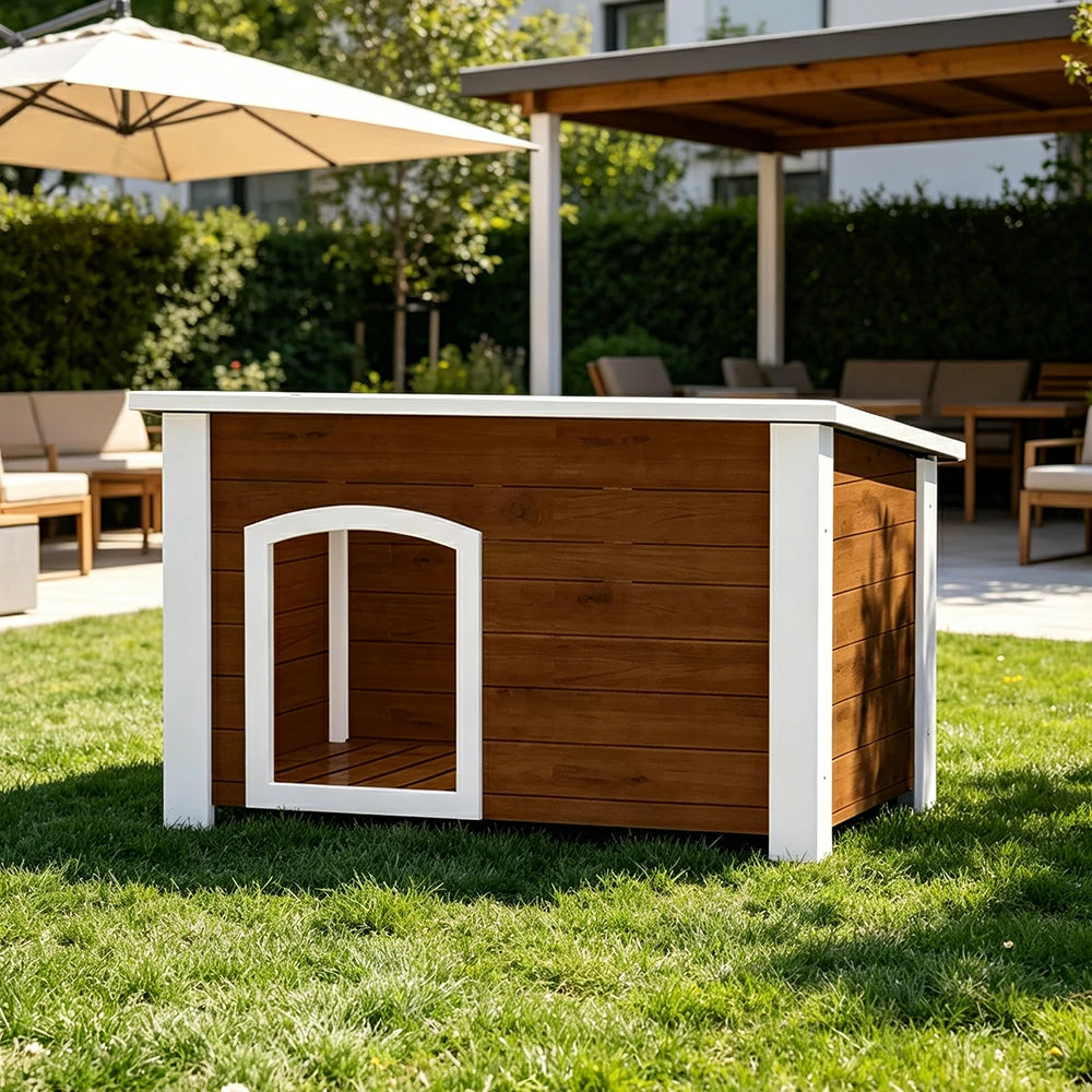 PAWORA Small Dog Solid Wood Pet House with Raised Base Large Entrance Waterproof Durable For Patio Balcony Yard - Coffee