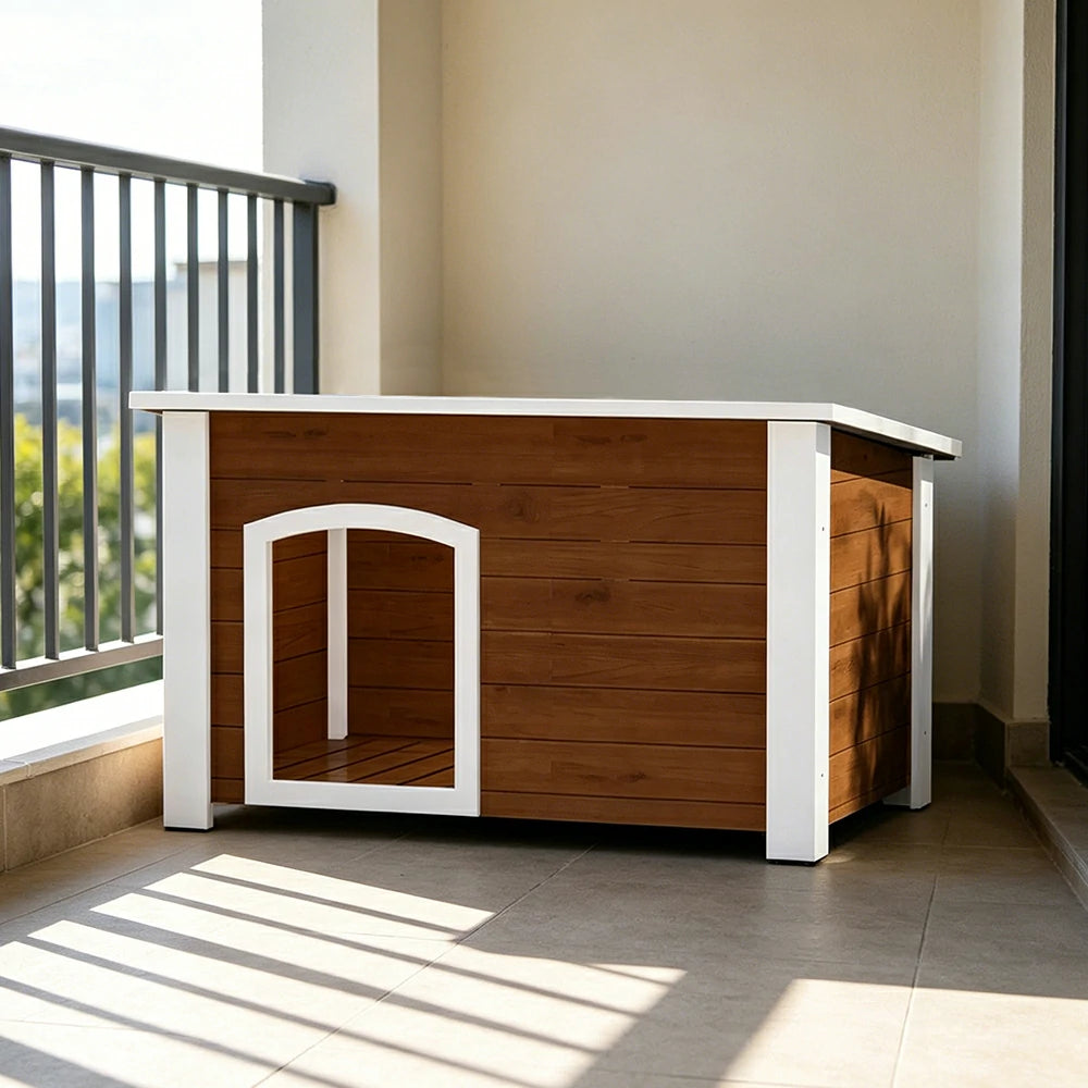 PAWORA Small Dog Solid Wood Pet House with Raised Base Large Entrance Waterproof Durable For Patio Balcony Yard - Coffee
