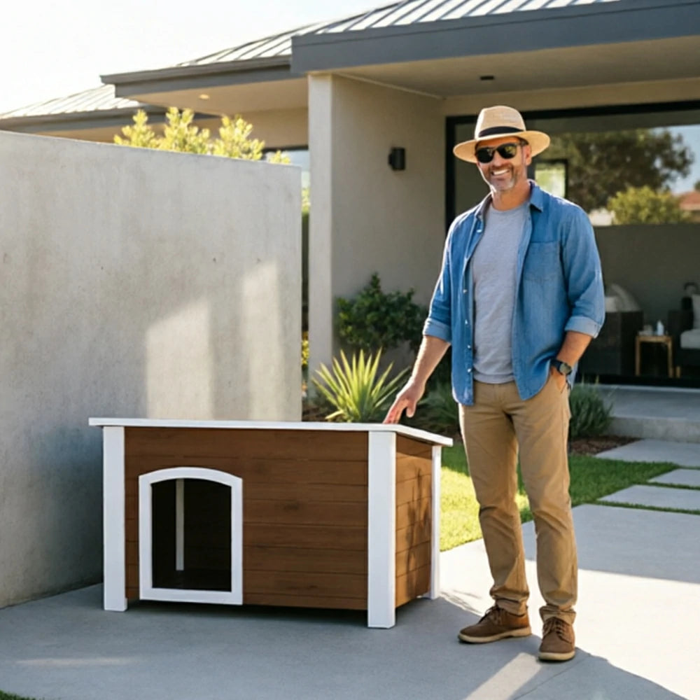 PAWORA Small Dog Solid Wood Pet House with Raised Base Large Entrance Waterproof Durable For Patio Balcony Yard - Coffee