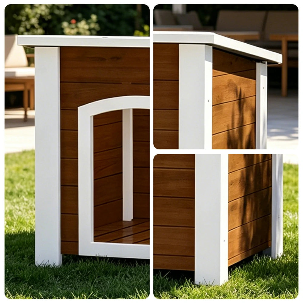 PAWORA Small Dog Solid Wood Pet House with Raised Base Large Entrance Waterproof Durable For Patio Balcony Yard - Coffee