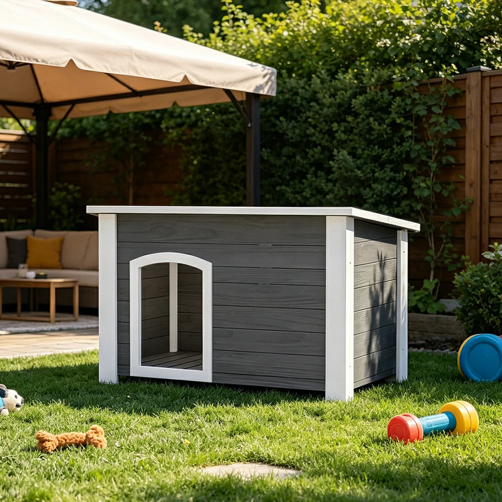 PAWORA Small Dog Solid Wood Pet House with Raised Base Large Entrance Waterproof Durable For Patio Balcony Yard - Grey