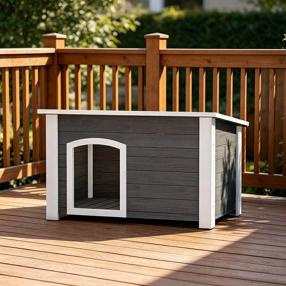 PAWORA Small Dog Solid Wood Pet House with Raised Base Large Entrance Waterproof Durable For Patio Balcony Yard - Grey