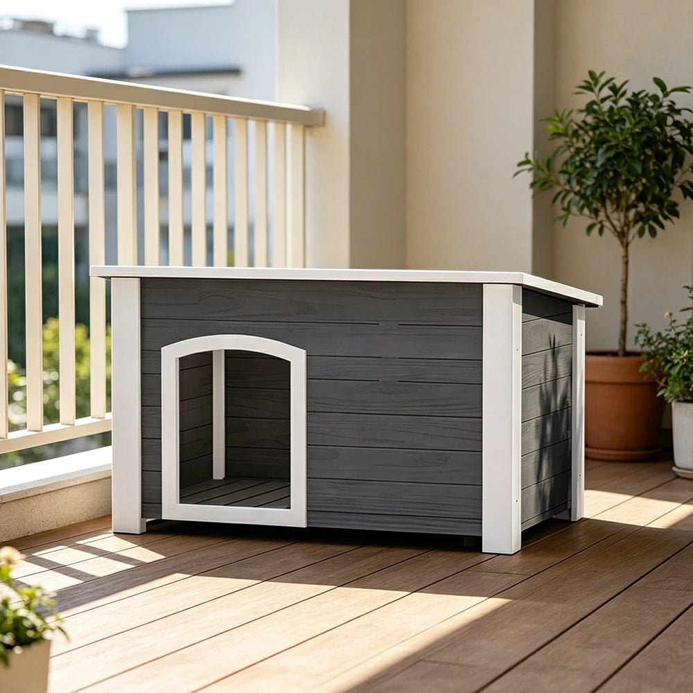 PAWORA Small Dog Solid Wood Pet House with Raised Base Large Entrance Waterproof Durable For Patio Balcony Yard - Grey