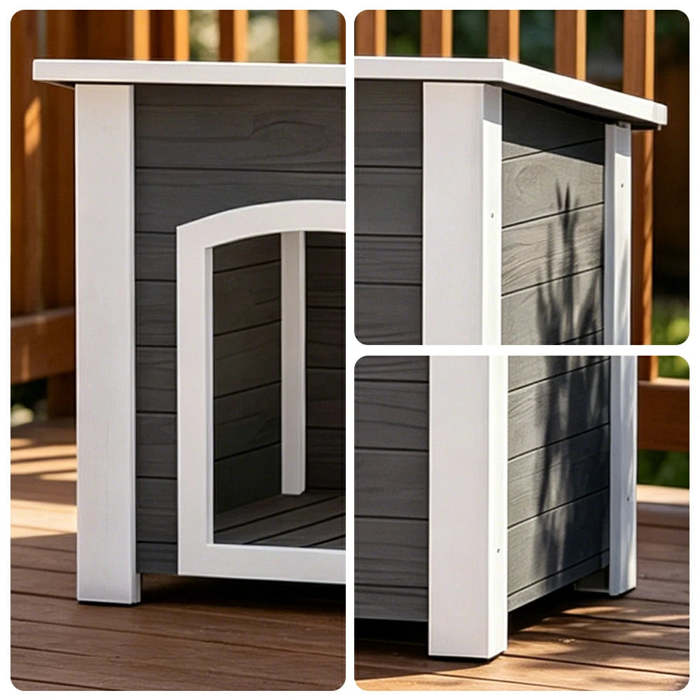 PAWORA Small Dog Solid Wood Pet House with Raised Base Large Entrance Waterproof Durable For Patio Balcony Yard - Grey