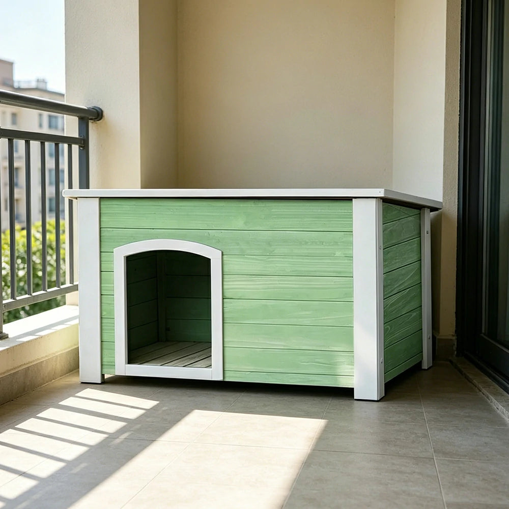 PAWORA Small Dog Solid Wood Pet House with Raised Base Large Entrance Waterproof Durable For Patio Balcony Yard - Green
