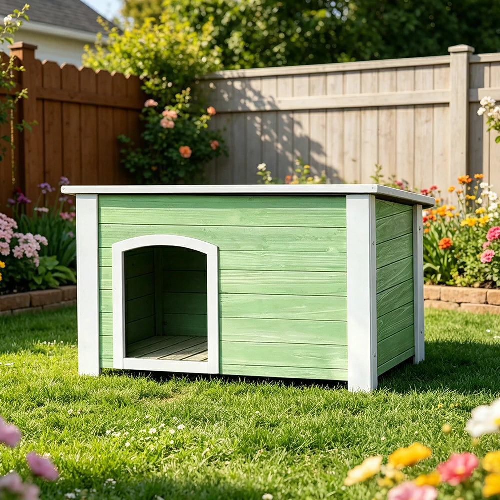 PAWORA Small Dog Solid Wood Pet House with Raised Base Large Entrance Waterproof Durable For Patio Balcony Yard - Green