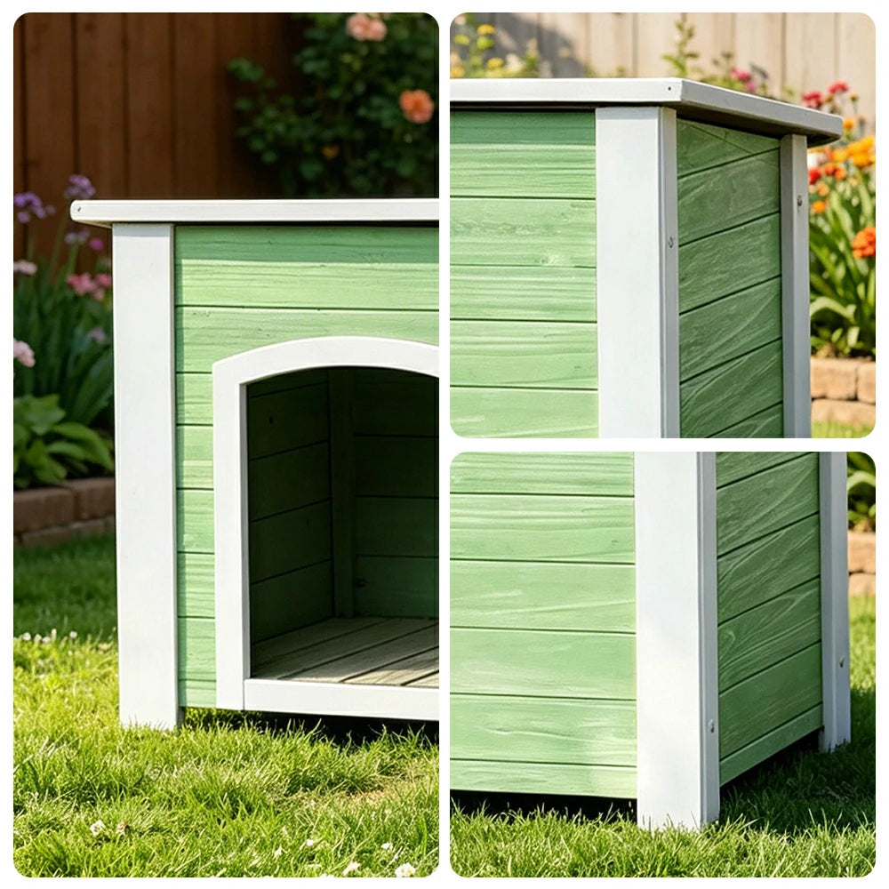PAWORA Small Dog Solid Wood Pet House with Raised Base Large Entrance Waterproof Durable For Patio Balcony Yard - Green