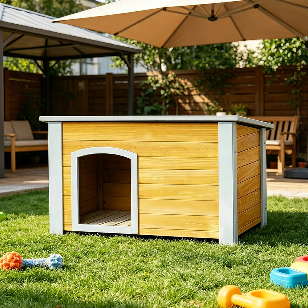 PAWORA Small Dog Solid Wood Pet House with Raised Base Large Entrance Waterproof Durable For Patio Balcony Yard - Yellow