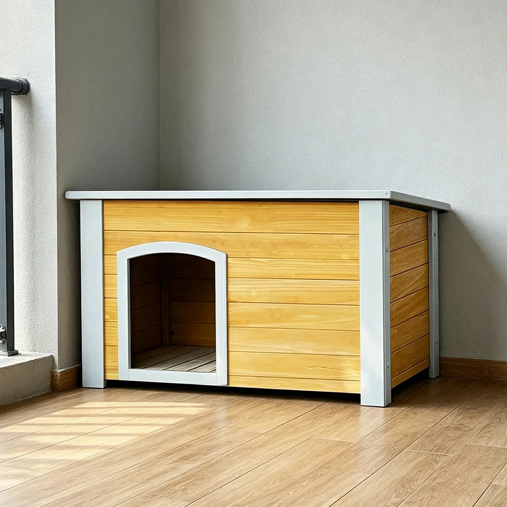 PAWORA Small Dog Solid Wood Pet House with Raised Base Large Entrance Waterproof Durable For Patio Balcony Yard - Yellow