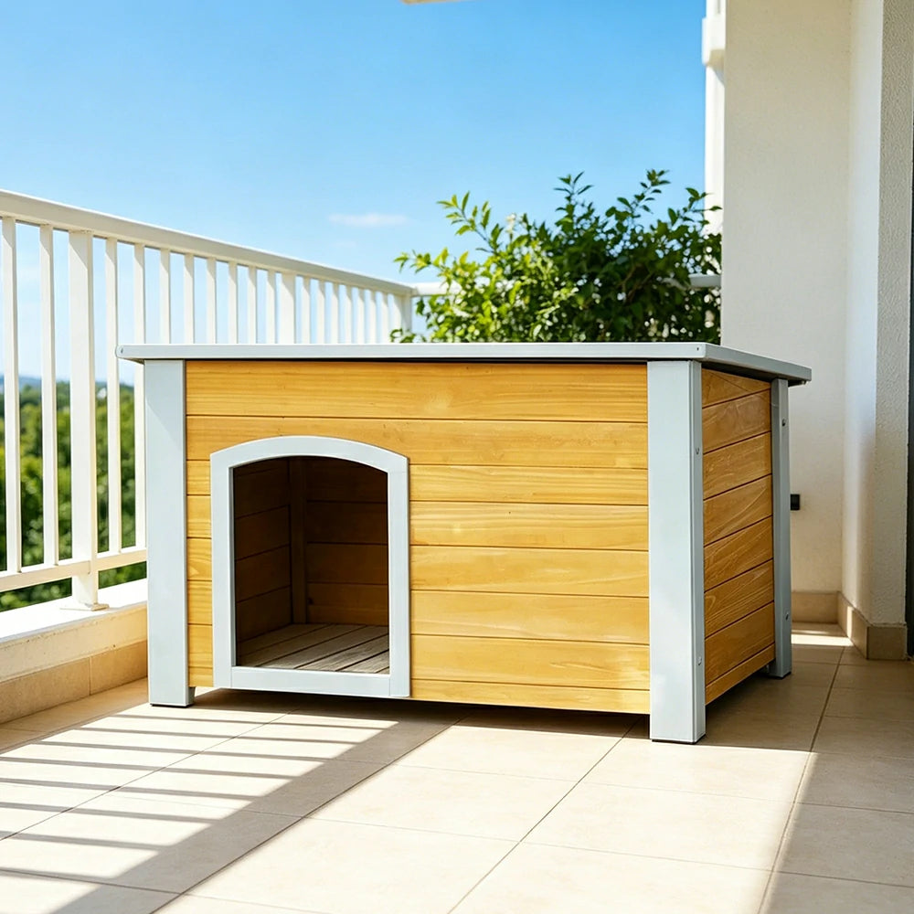 PAWORA Small Dog Solid Wood Pet House with Raised Base Large Entrance Waterproof Durable For Patio Balcony Yard - Yellow