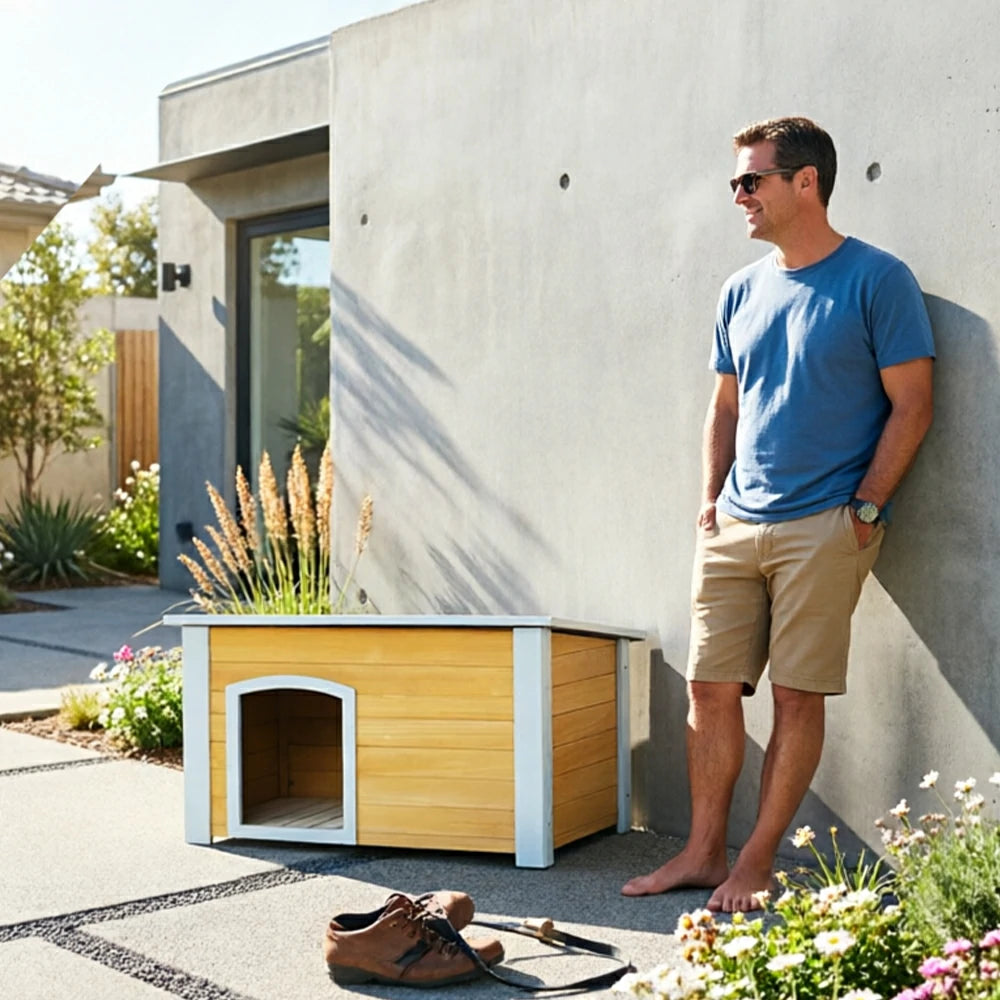 PAWORA Small Dog Solid Wood Pet House with Raised Base Large Entrance Waterproof Durable For Patio Balcony Yard - Yellow