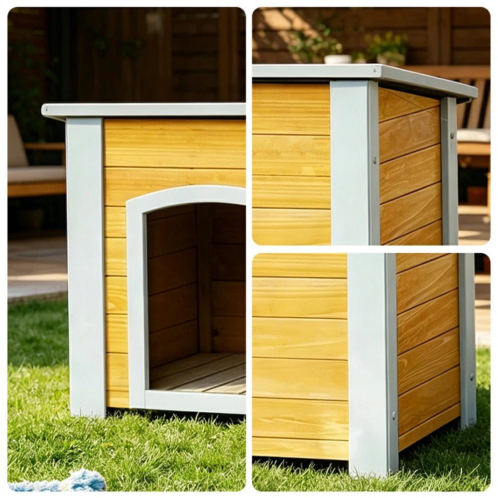 PAWORA Small Dog Solid Wood Pet House with Raised Base Large Entrance Waterproof Durable For Patio Balcony Yard - Yellow