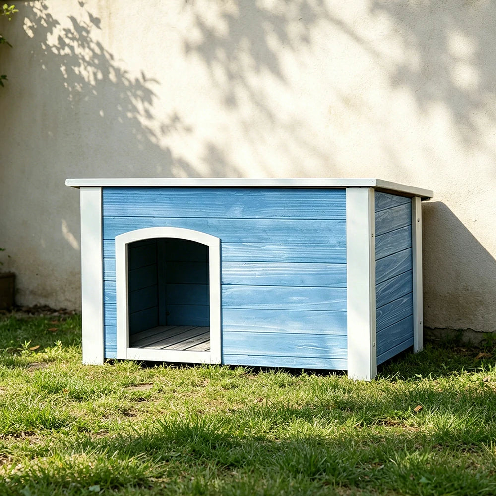 PAWORA Small Dog Solid Wood Pet House with Raised Base Large Entrance Waterproof Durable For Patio Balcony Yard - Blue