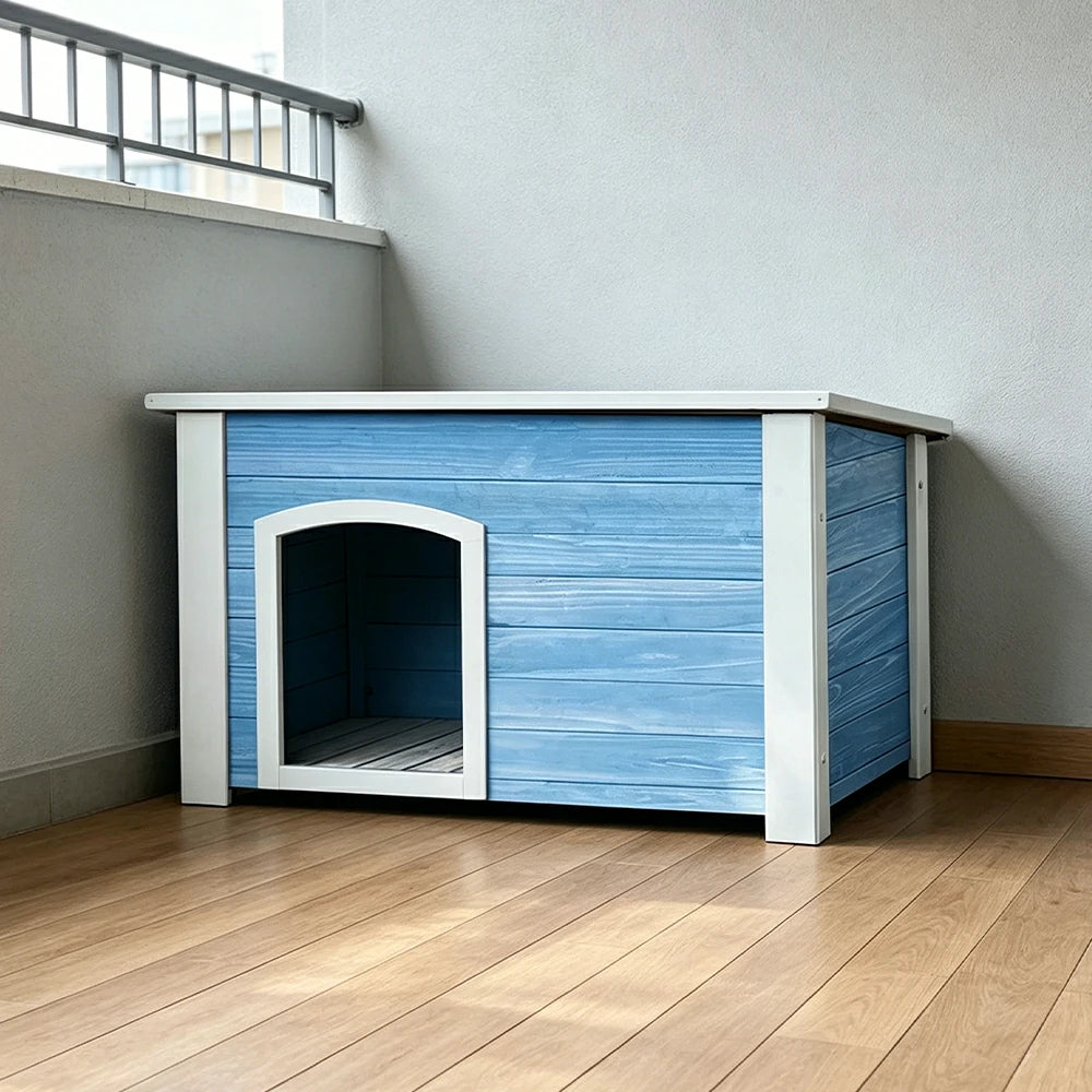 PAWORA Small Dog Solid Wood Pet House with Raised Base Large Entrance Waterproof Durable For Patio Balcony Yard - Blue
