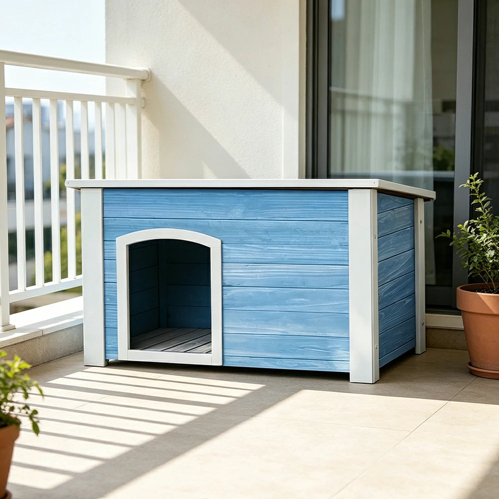 PAWORA Small Dog Solid Wood Pet House with Raised Base Large Entrance Waterproof Durable For Patio Balcony Yard - Blue