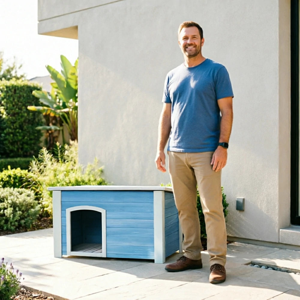 PAWORA Small Dog Solid Wood Pet House with Raised Base Large Entrance Waterproof Durable For Patio Balcony Yard - Blue