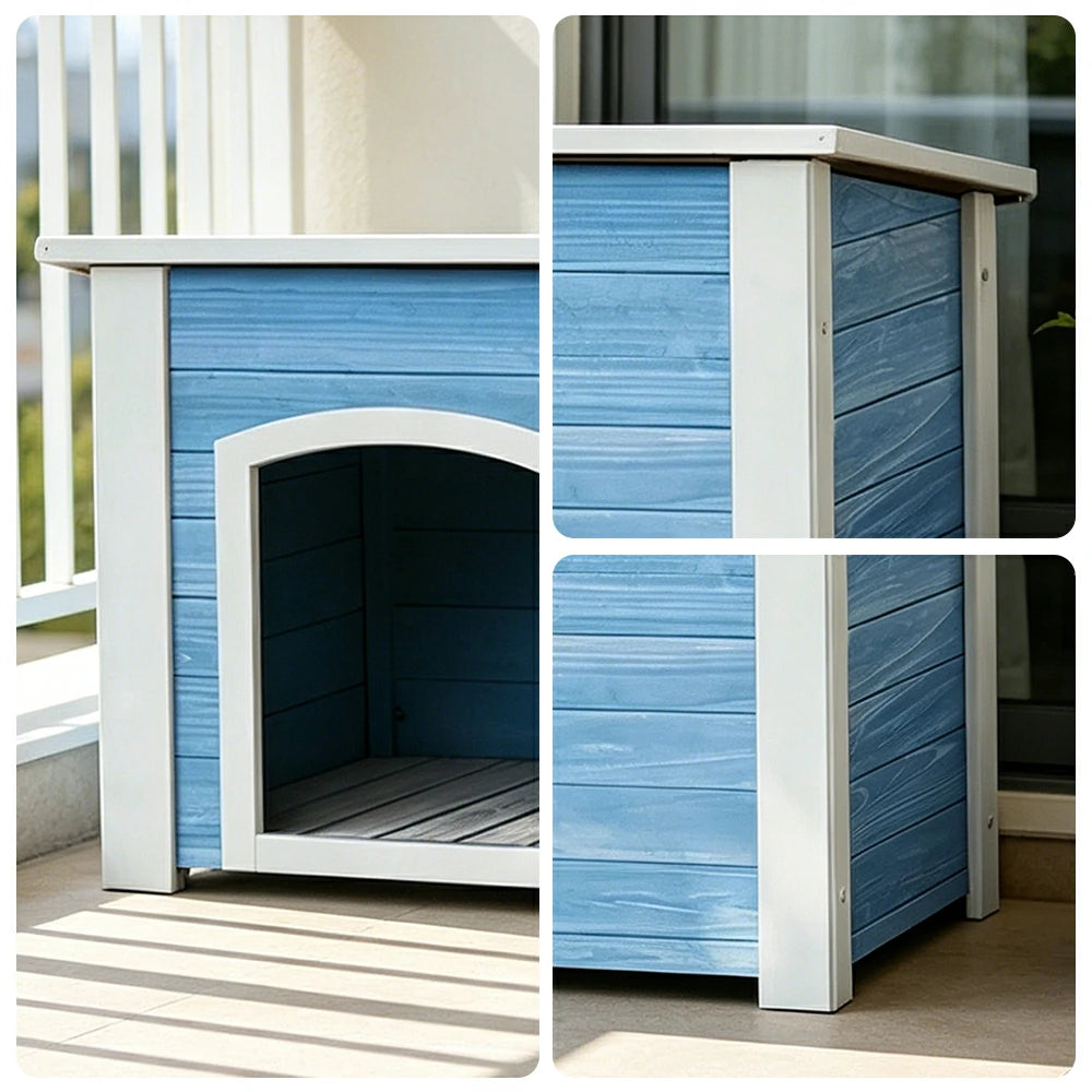 PAWORA Small Dog Solid Wood Pet House with Raised Base Large Entrance Waterproof Durable For Patio Balcony Yard - Blue
