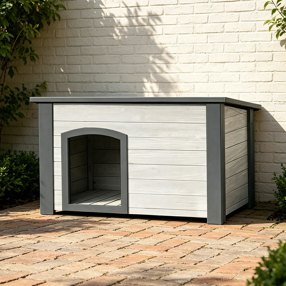 PAWORA Small Dog Solid Wood Pet House with Raised Base Large Entrance Waterproof Durable For Patio Balcony Yard - White&Grey