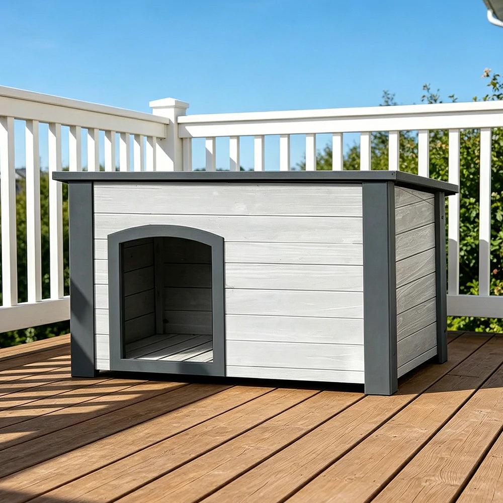 PAWORA Small Dog Solid Wood Pet House with Raised Base Large Entrance Waterproof Durable For Patio Balcony Yard - White&Grey