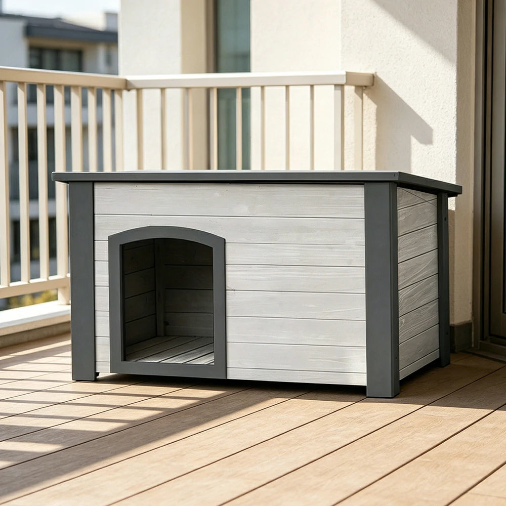 PAWORA Small Dog Solid Wood Pet House with Raised Base Large Entrance Waterproof Durable For Patio Balcony Yard - White&Grey