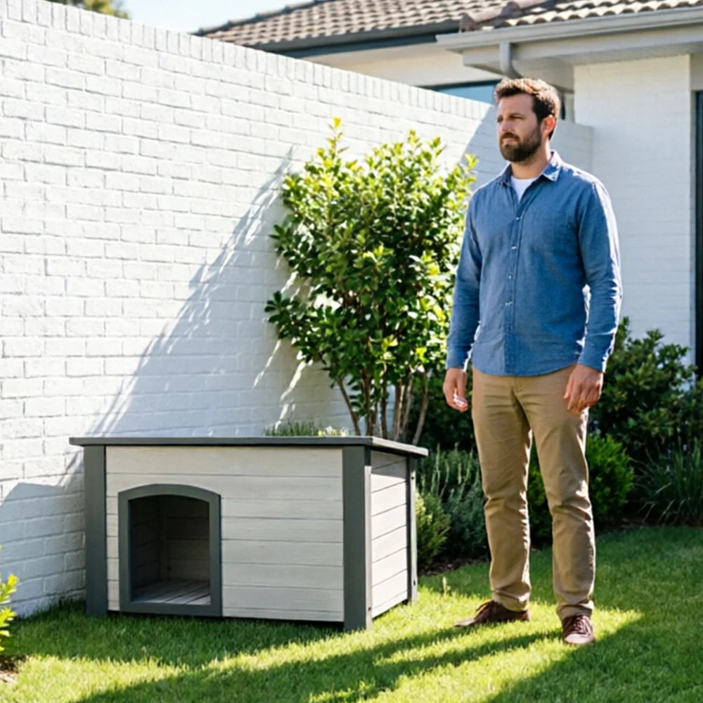 PAWORA Small Dog Solid Wood Pet House with Raised Base Large Entrance Waterproof Durable For Patio Balcony Yard - White&Grey