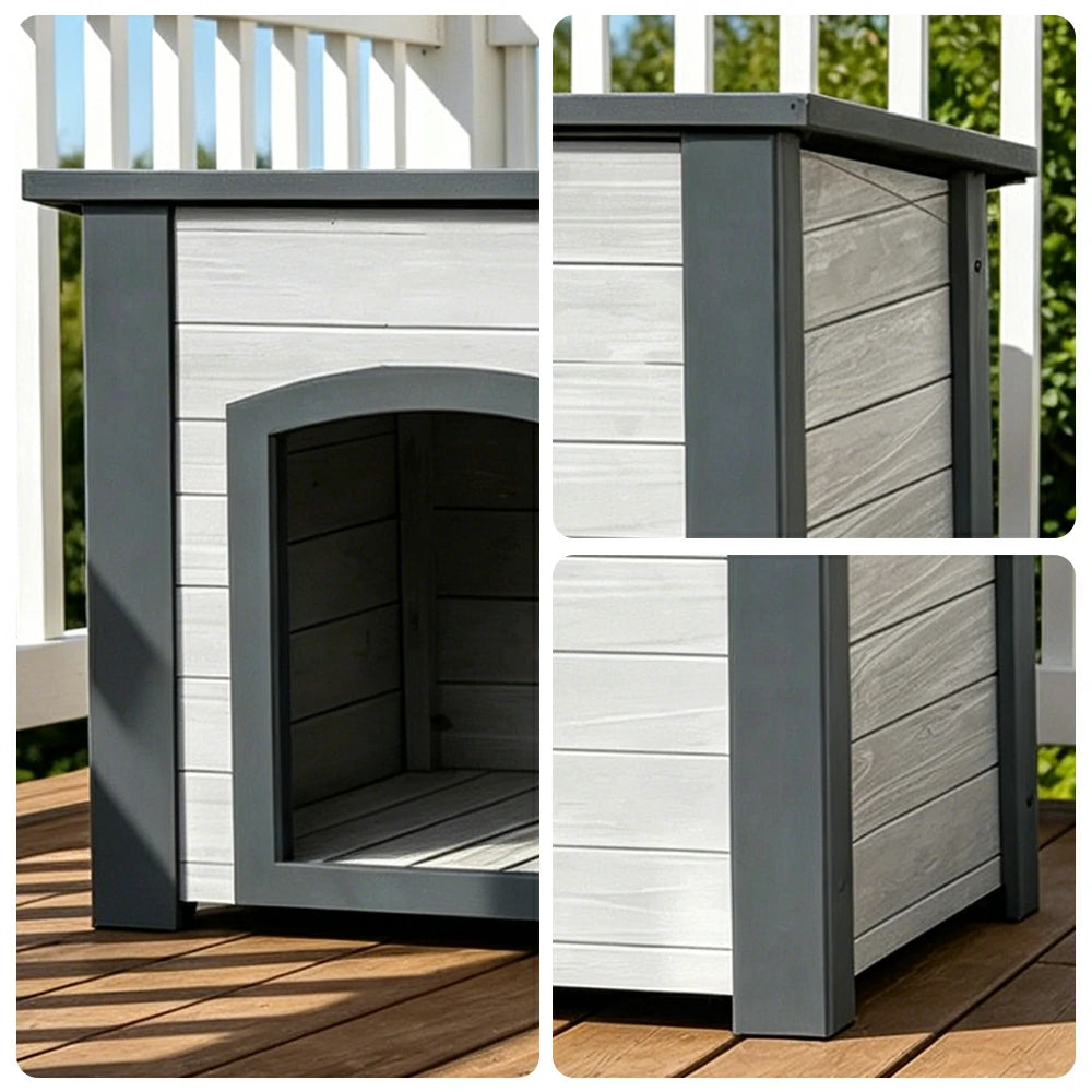 PAWORA Small Dog Solid Wood Pet House with Raised Base Large Entrance Waterproof Durable For Patio Balcony Yard - White&Grey