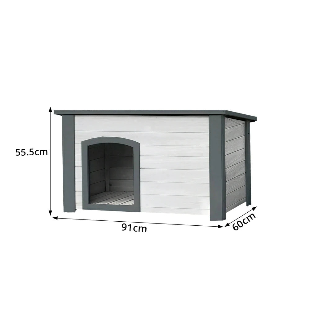 PAWORA Small Dog Solid Wood Pet House with Raised Base Large Entrance Waterproof Durable For Patio Balcony Yard - White&Grey