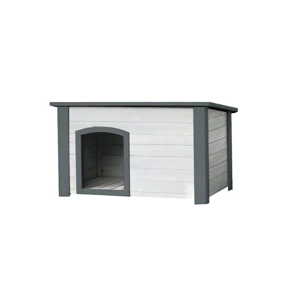 PAWORA Small Dog Solid Wood Pet House with Raised Base Large Entrance Waterproof Durable For Patio Balcony Yard - White&Grey