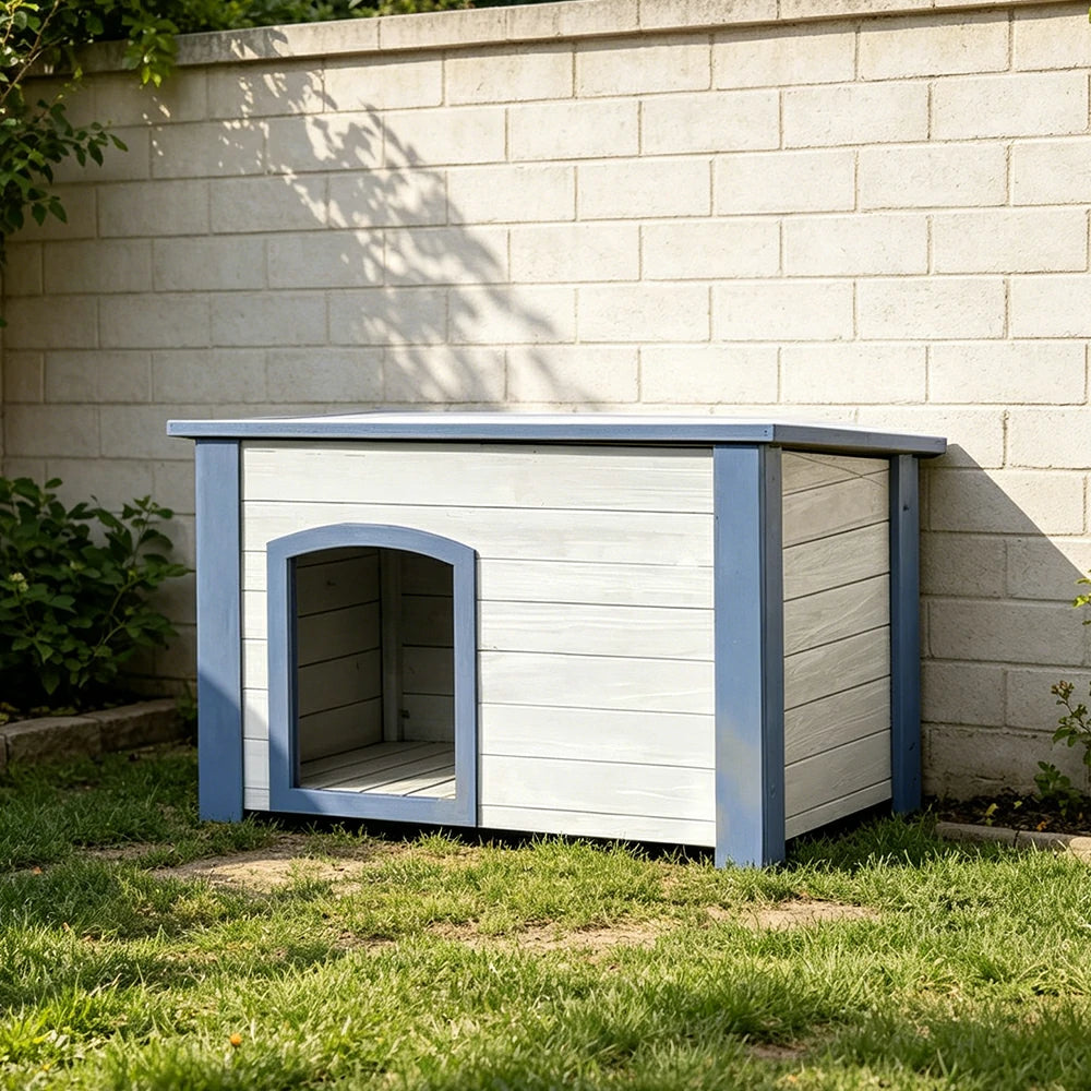 PAWORA Small Dog Solid Wood Pet House with Raised Base Large Entrance Waterproof Durable For Patio Balcony Yard - White&Blue