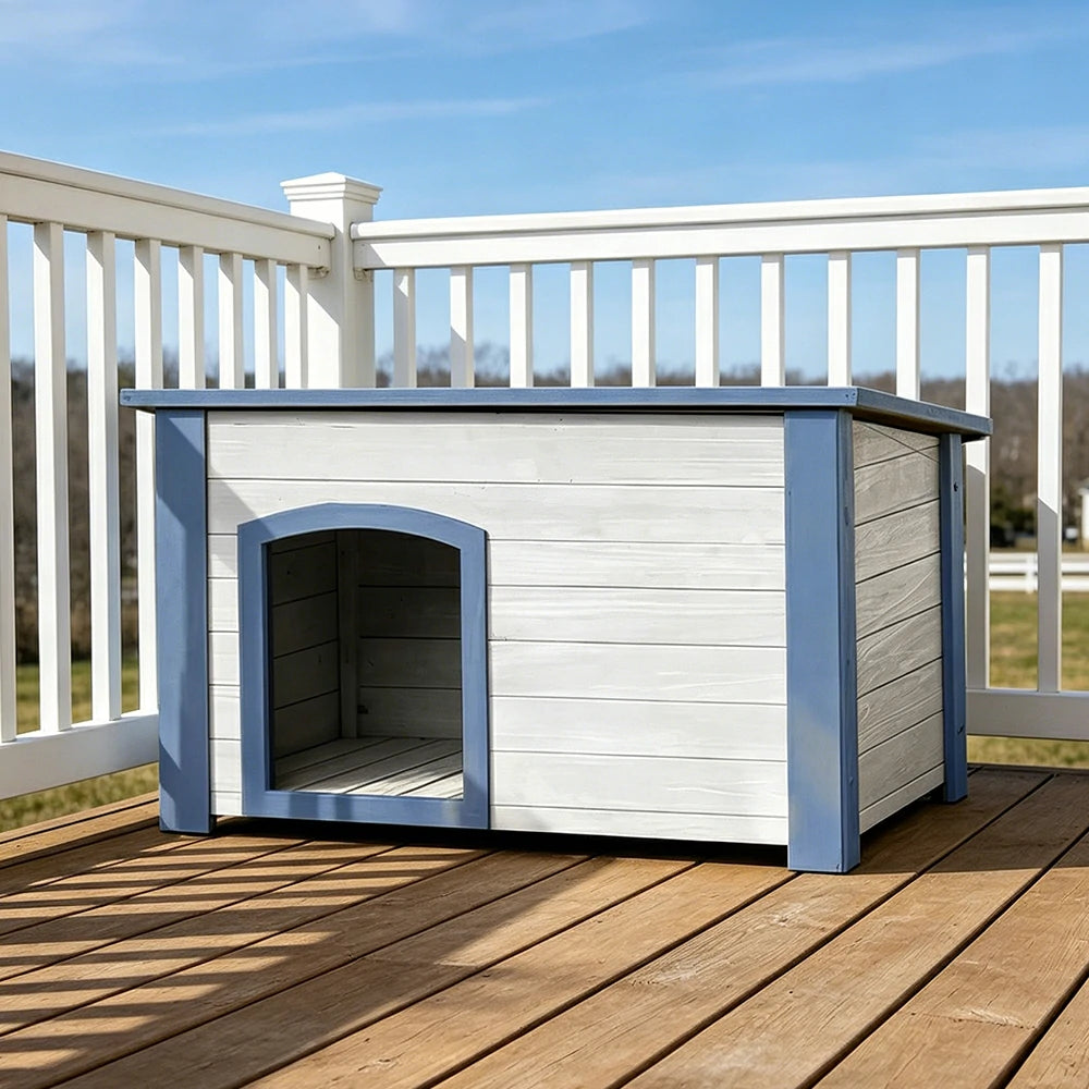 PAWORA Small Dog Solid Wood Pet House with Raised Base Large Entrance Waterproof Durable For Patio Balcony Yard - White&Blue