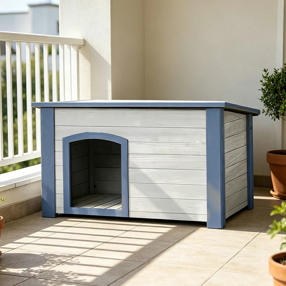 PAWORA Small Dog Solid Wood Pet House with Raised Base Large Entrance Waterproof Durable For Patio Balcony Yard - White&Blue