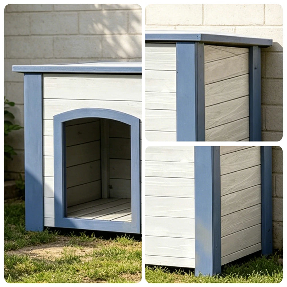 PAWORA Small Dog Solid Wood Pet House with Raised Base Large Entrance Waterproof Durable For Patio Balcony Yard - White&Blue