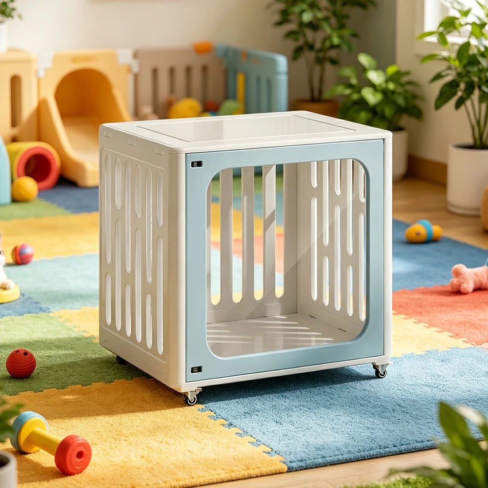 PAWORA Small Pet Cage Slot-In Assembly Removable Top Storage Rounded Corners For Indoor Pet Activity Area - Blue&White