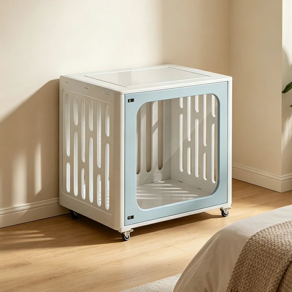 PAWORA Small Pet Cage Slot-In Assembly Removable Top Storage Rounded Corners For Indoor Pet Activity Area - Blue&White