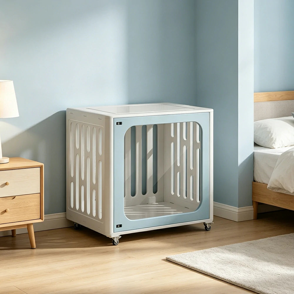 PAWORA Small Pet Cage Slot-In Assembly Removable Top Storage Rounded Corners For Indoor Pet Activity Area - Blue&White