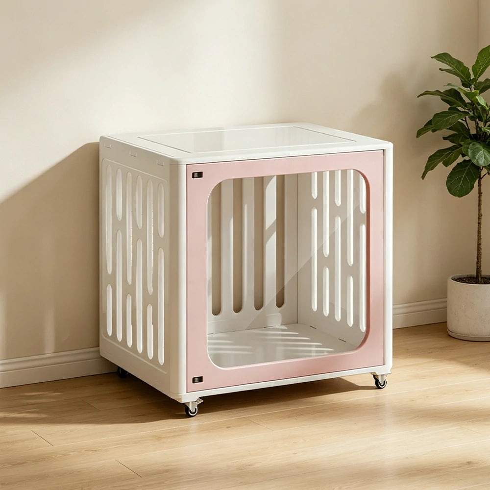 PAWORA Small Pet Cage Slot-In Assembly Removable Top Storage Rounded Corners For Indoor Pet Activity Area - Pink&White