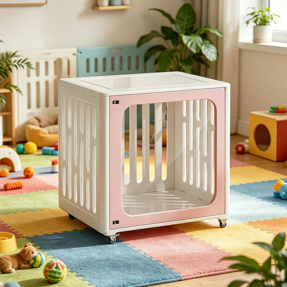 PAWORA Small Pet Cage Slot-In Assembly Removable Top Storage Rounded Corners For Indoor Pet Activity Area - Pink&White