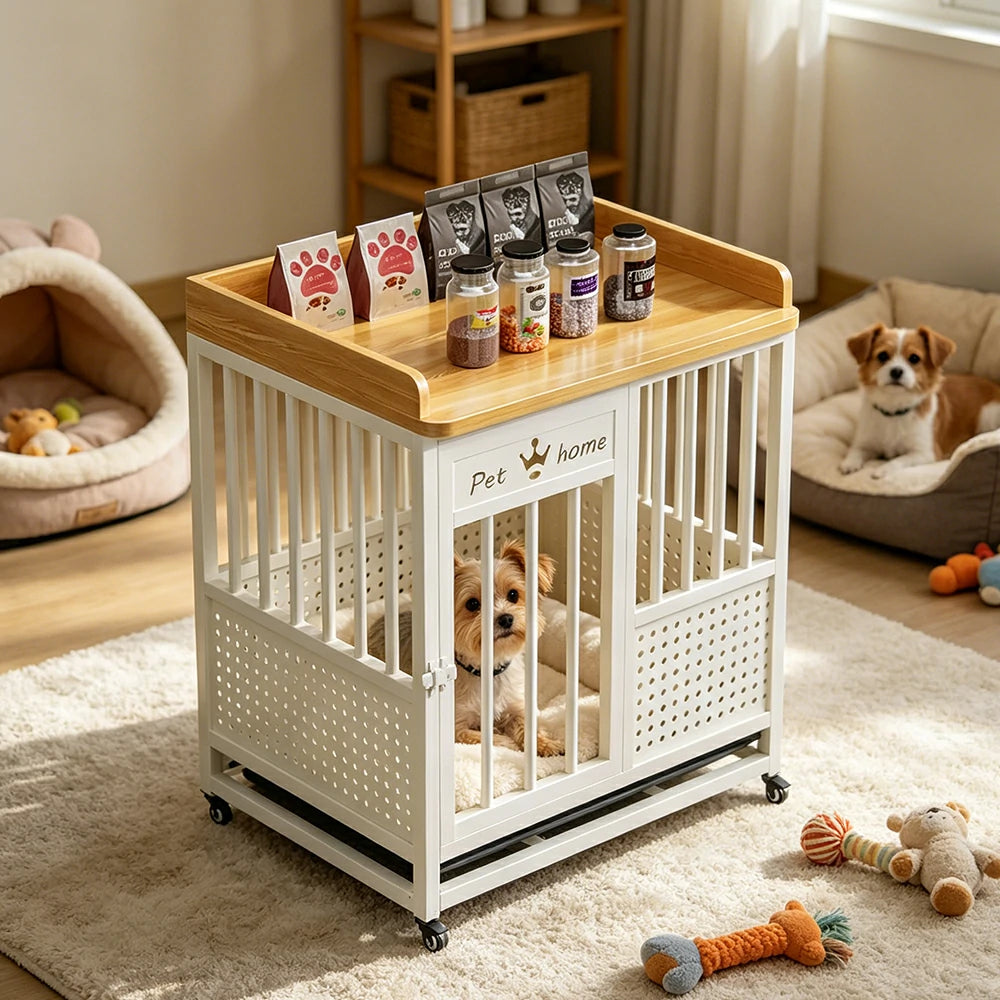 PAWORA Indoor Pet Cage with Reinforced Steel Frame Top Storage and Removable Washable Tray For Living Room Bedroom Balcony - White&Wood