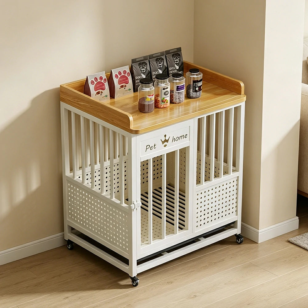 PAWORA Indoor Pet Cage with Reinforced Steel Frame Top Storage and Removable Washable Tray For Living Room Bedroom Balcony - White&Wood