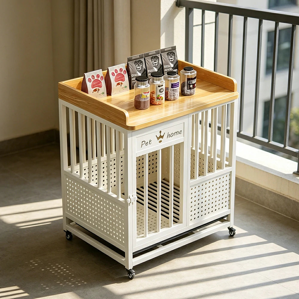 PAWORA Indoor Pet Cage with Reinforced Steel Frame Top Storage and Removable Washable Tray For Living Room Bedroom Balcony - White&Wood